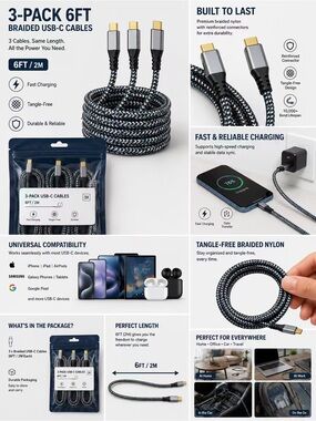Braided USB-C Cable 3-Pack (6ft) – Fast Charging, Tangle-Free – Black